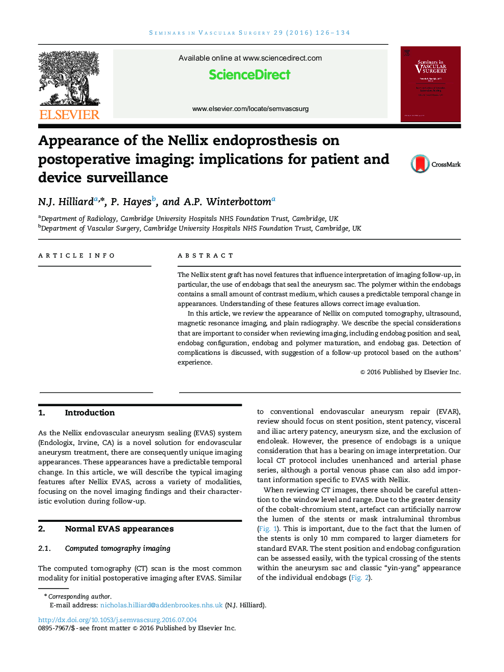 Appearance of the Nellix endoprosthesis on postoperative imaging: implications for patient and device surveillance