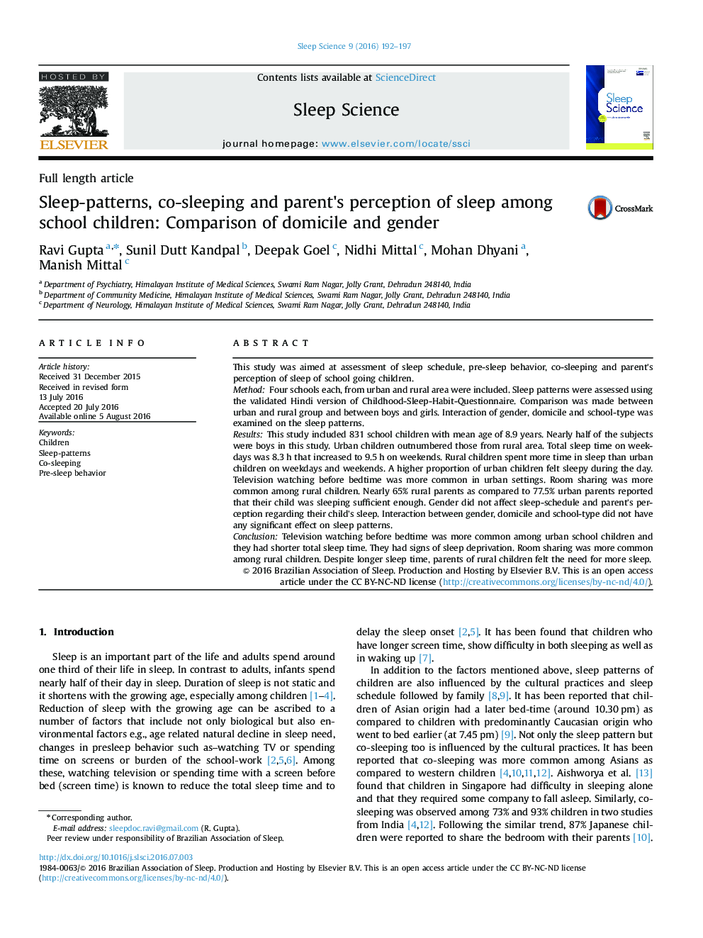 Full length articleSleep-patterns, co-sleeping and parent's perception of sleep among school children: Comparison of domicile and gender