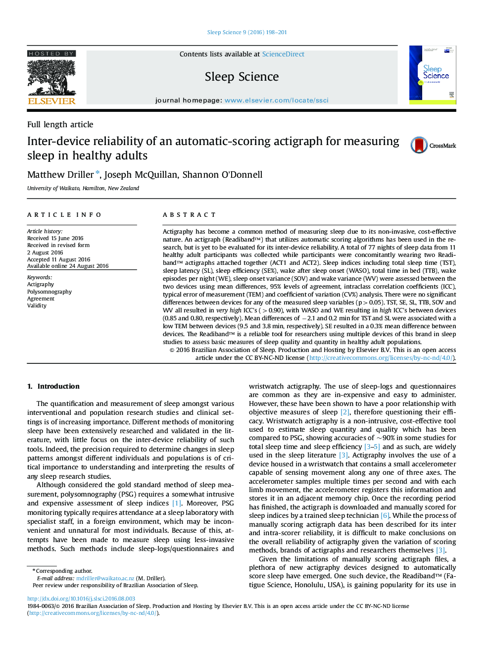 Full length articleInter-device reliability of an automatic-scoring actigraph for measuring sleep in healthy adults