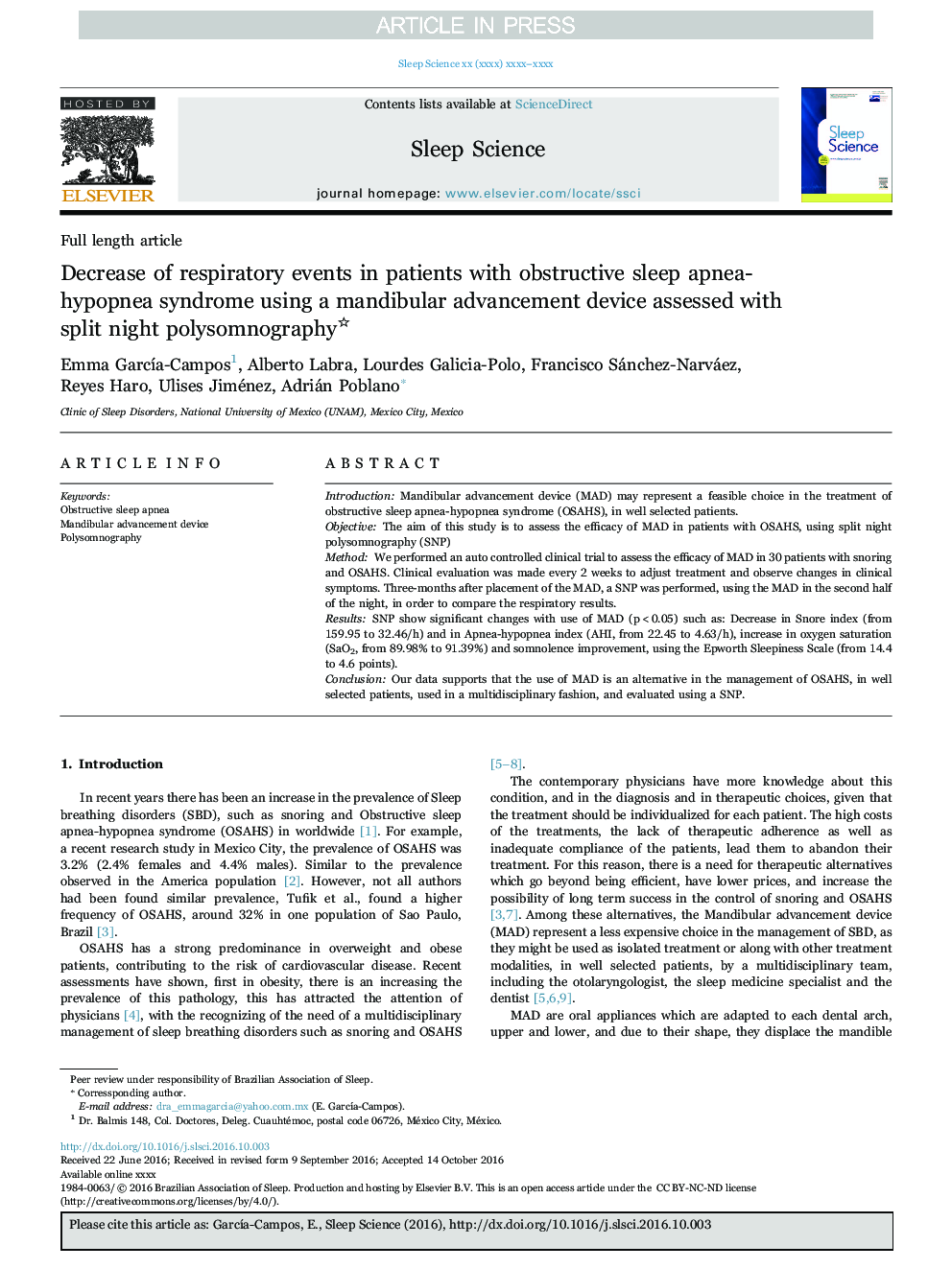 Decrease of respiratory events in patients with obstructive sleep apnea-hypopnea syndrome using a mandibular advancement device assessed with split night polysomnography