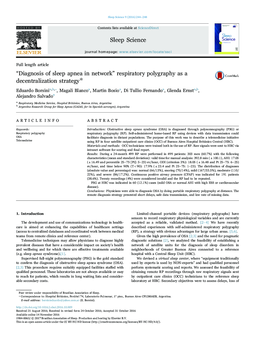 Full length article“Diagnosis of sleep apnea in network” respiratory polygraphy as a decentralization strategy
