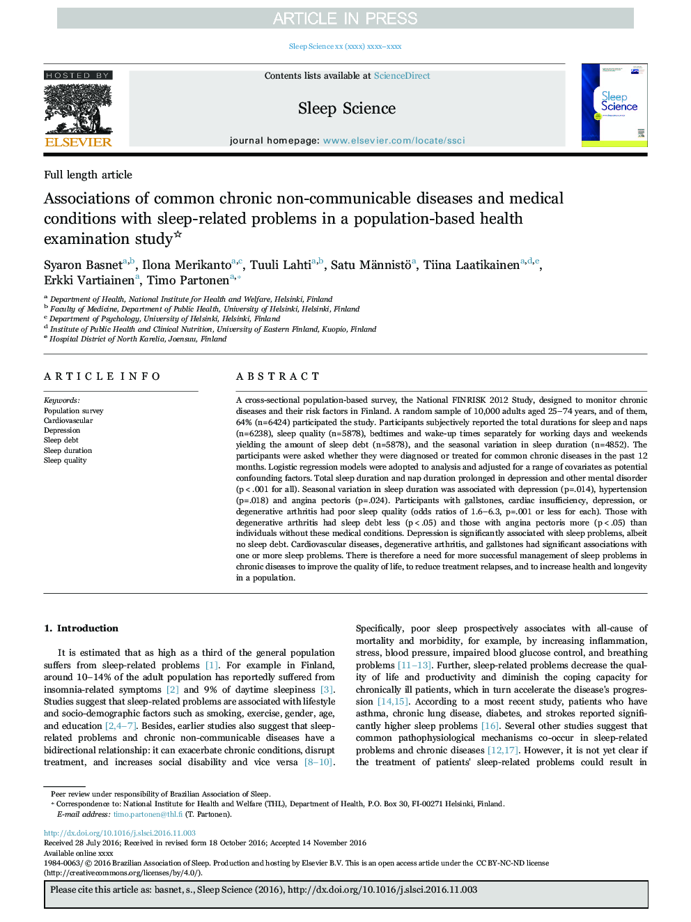 Associations of common chronic non-communicable diseases and medical conditions with sleep-related problems in a population-based health examination study