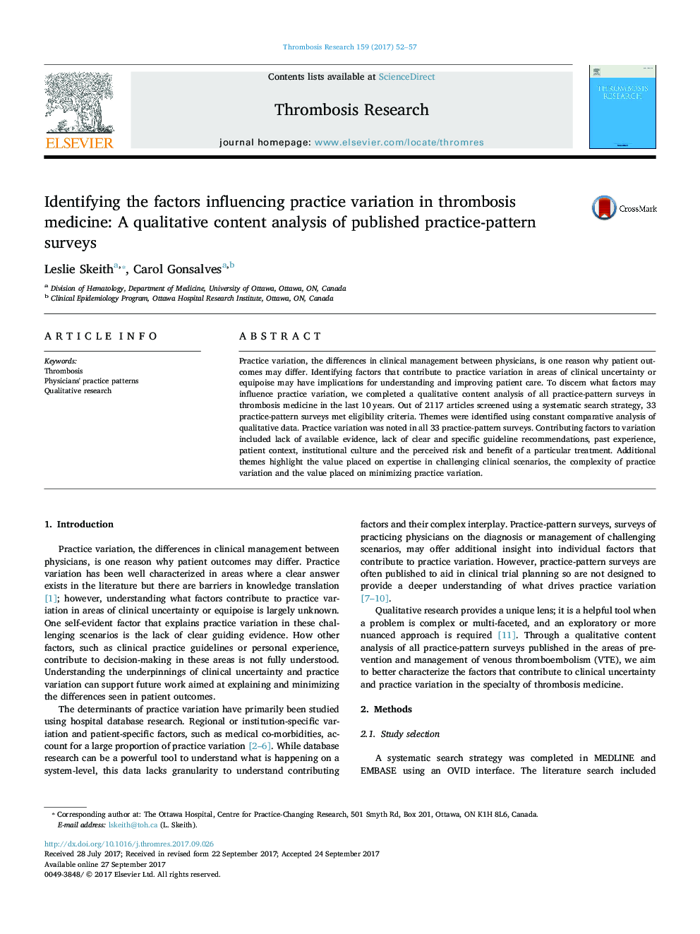 Identifying the factors influencing practice variation in thrombosis medicine: A qualitative content analysis of published practice-pattern surveys