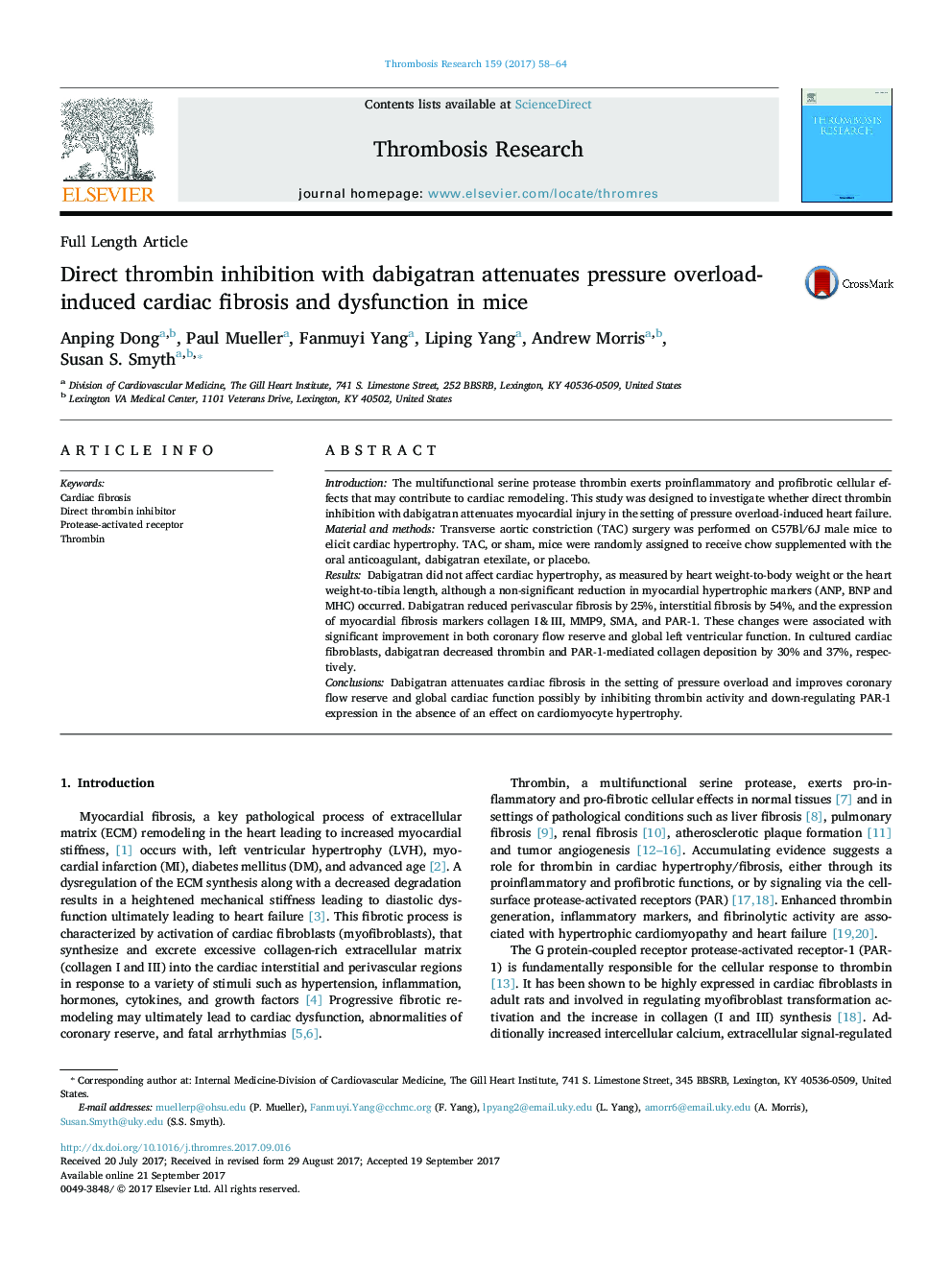 Full Length ArticleDirect thrombin inhibition with dabigatran attenuates pressure overload-induced cardiac fibrosis and dysfunction in mice