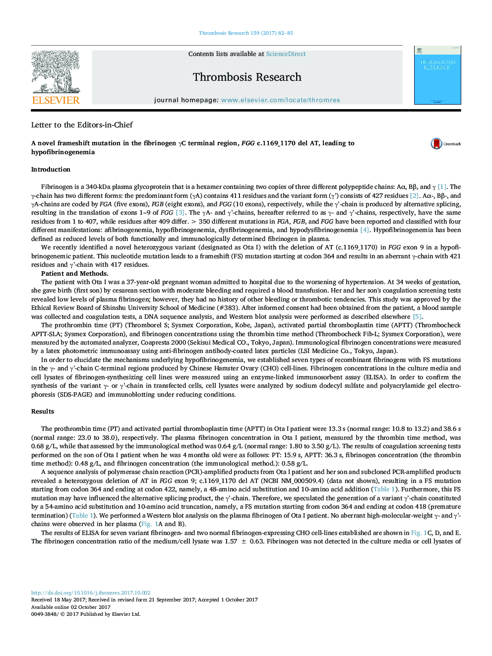 A novel frameshift mutation in the fibrinogen Î³C terminal region, FGG c.1169_1170 del AT, leading to hypofibrinogenemia