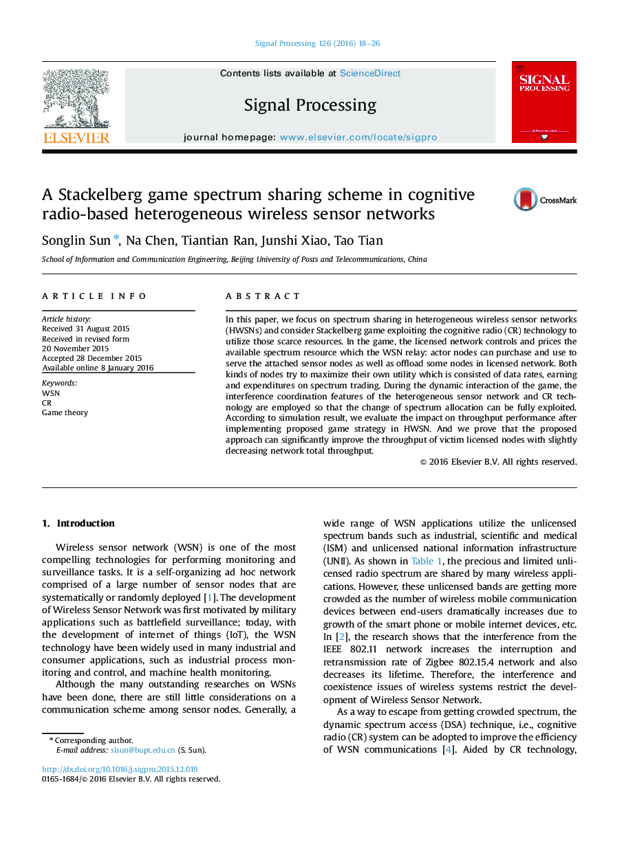 A Stackelberg game spectrum sharing scheme in cognitive radio-based heterogeneous wireless sensor networks