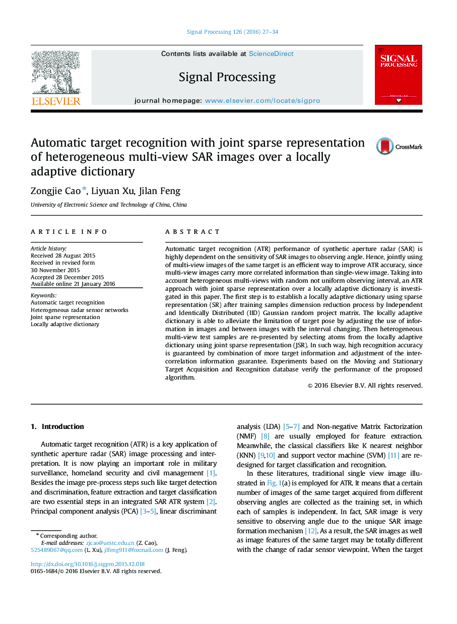 Automatic target recognition with joint sparse representation of heterogeneous multi-view SAR images over a locally adaptive dictionary