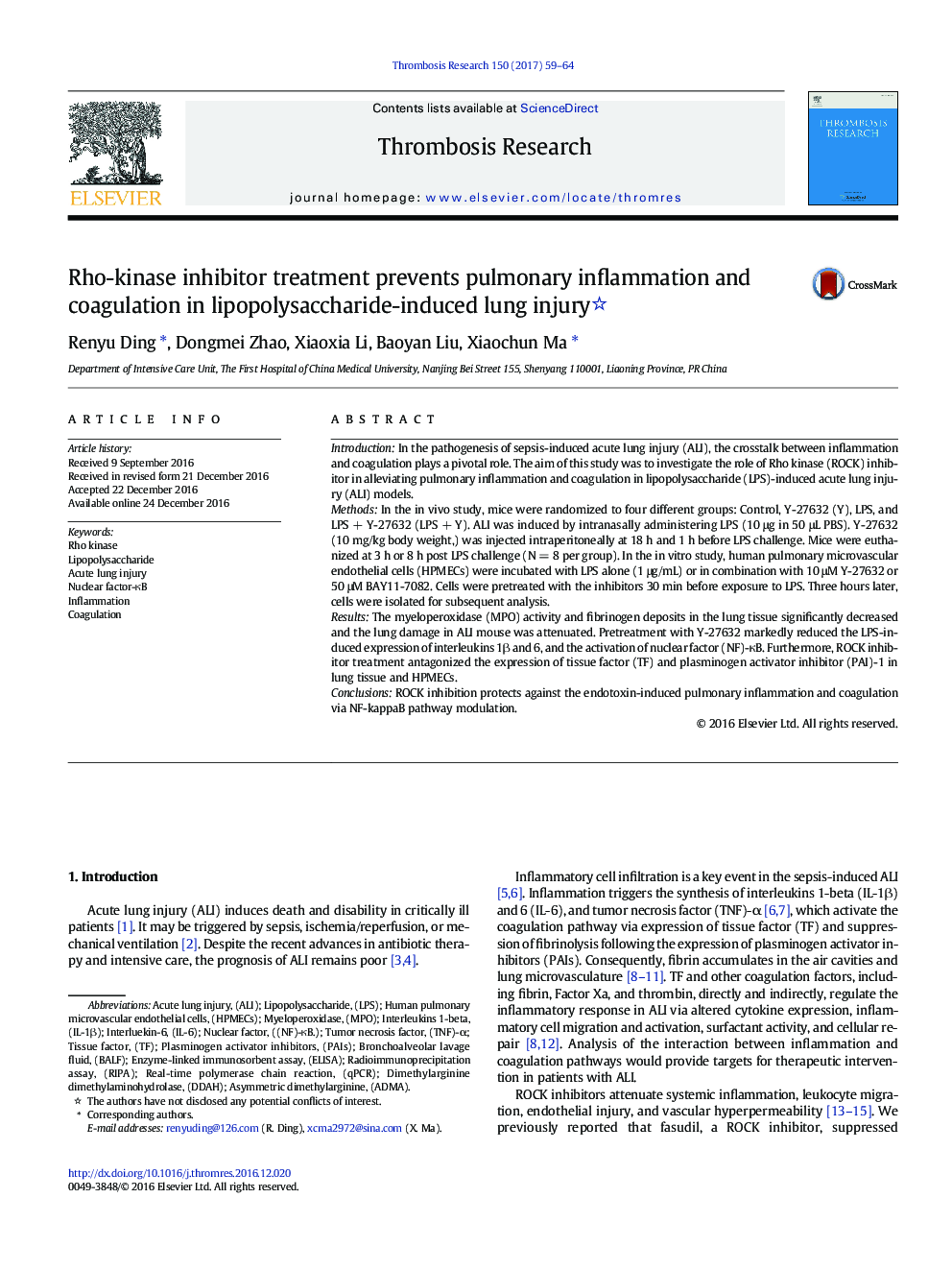 Rho-kinase inhibitor treatment prevents pulmonary inflammation and coagulation in lipopolysaccharide-induced lung injury