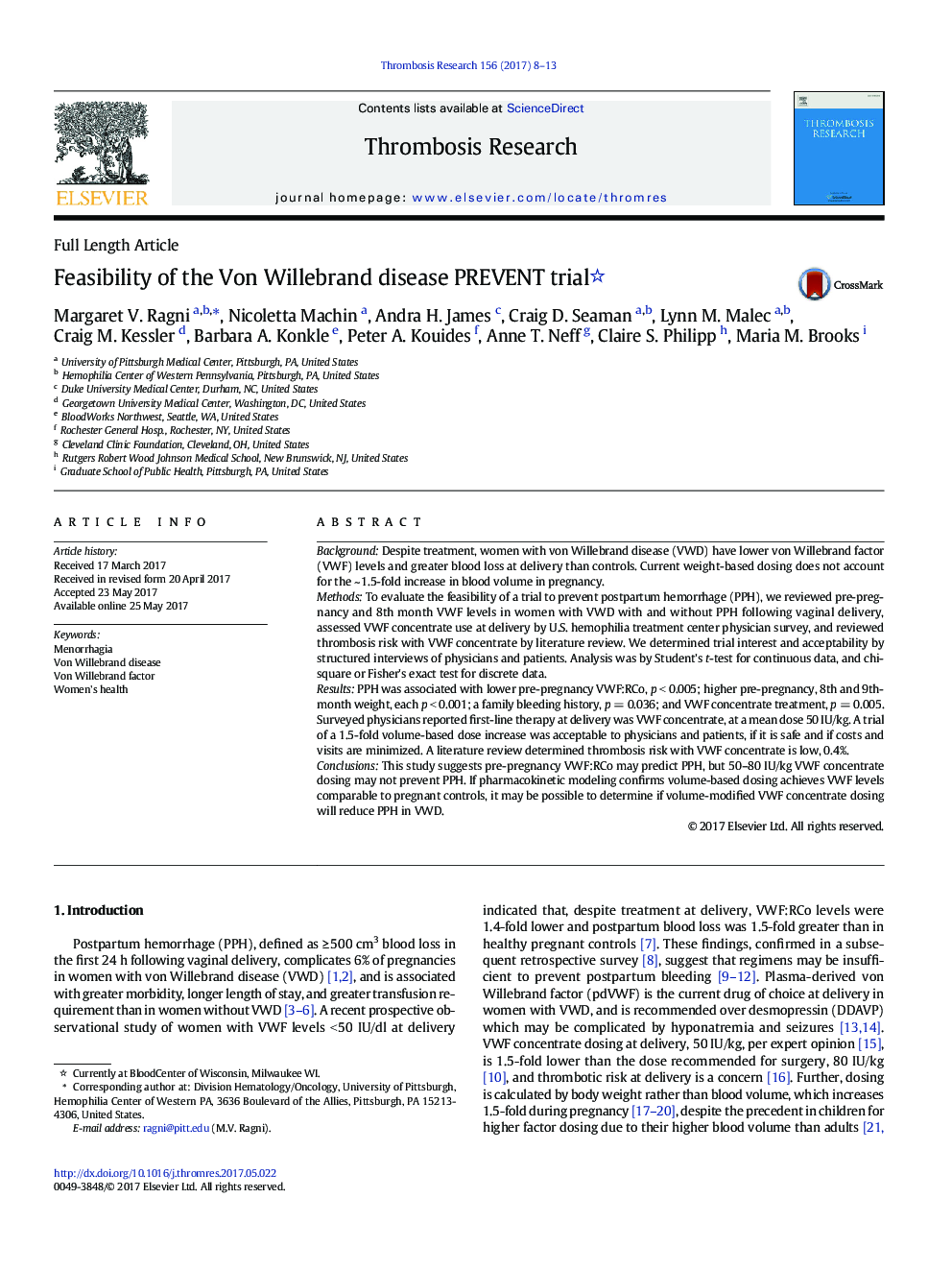 Full Length ArticleFeasibility of the Von Willebrand disease PREVENT trial