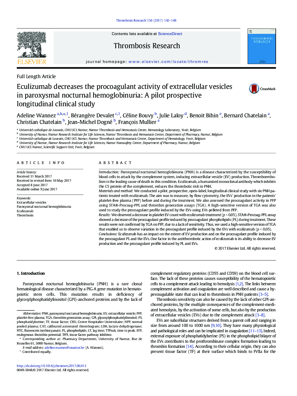 Full Length ArticleEculizumab decreases the procoagulant activity of extracellular vesicles in paroxysmal nocturnal hemoglobinuria: A pilot prospective longitudinal clinical study