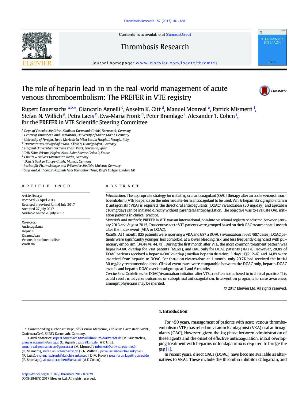 The role of heparin lead-in in the real-world management of acute venous thromboembolism: The PREFER in VTE registry