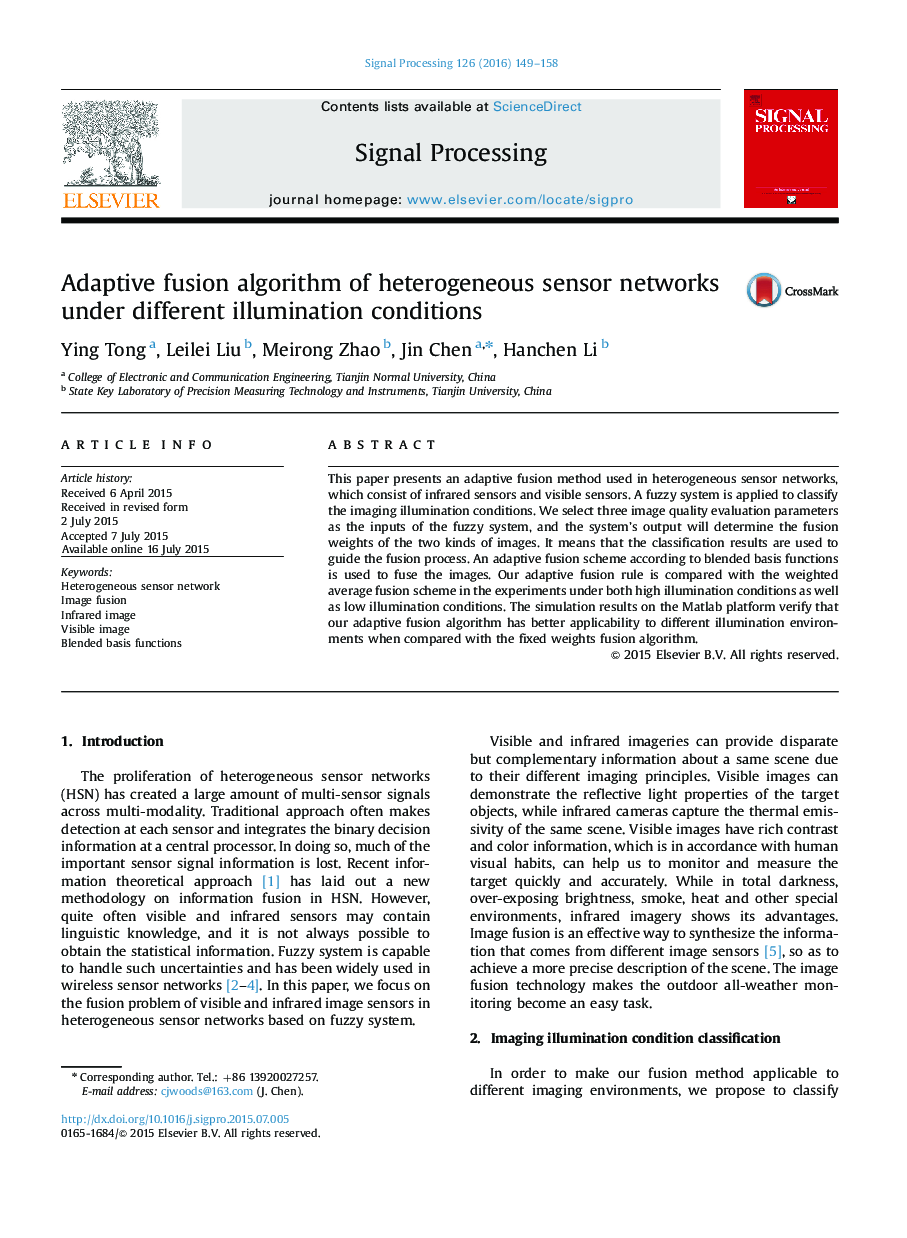 Adaptive fusion algorithm of heterogeneous sensor networks under different illumination conditions