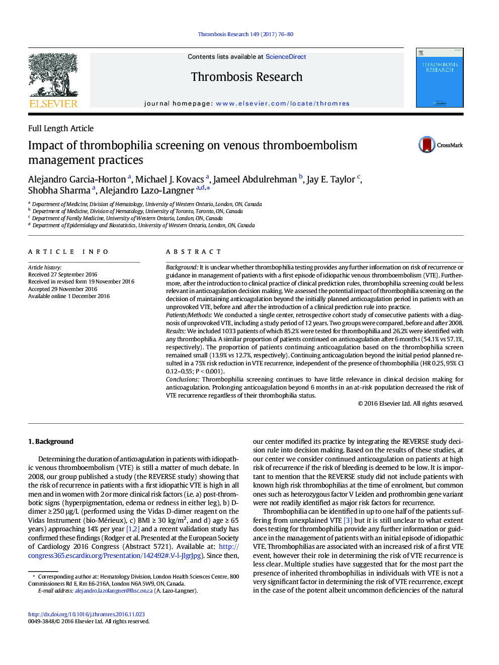 Full Length ArticleImpact of thrombophilia screening on venous thromboembolism management practices