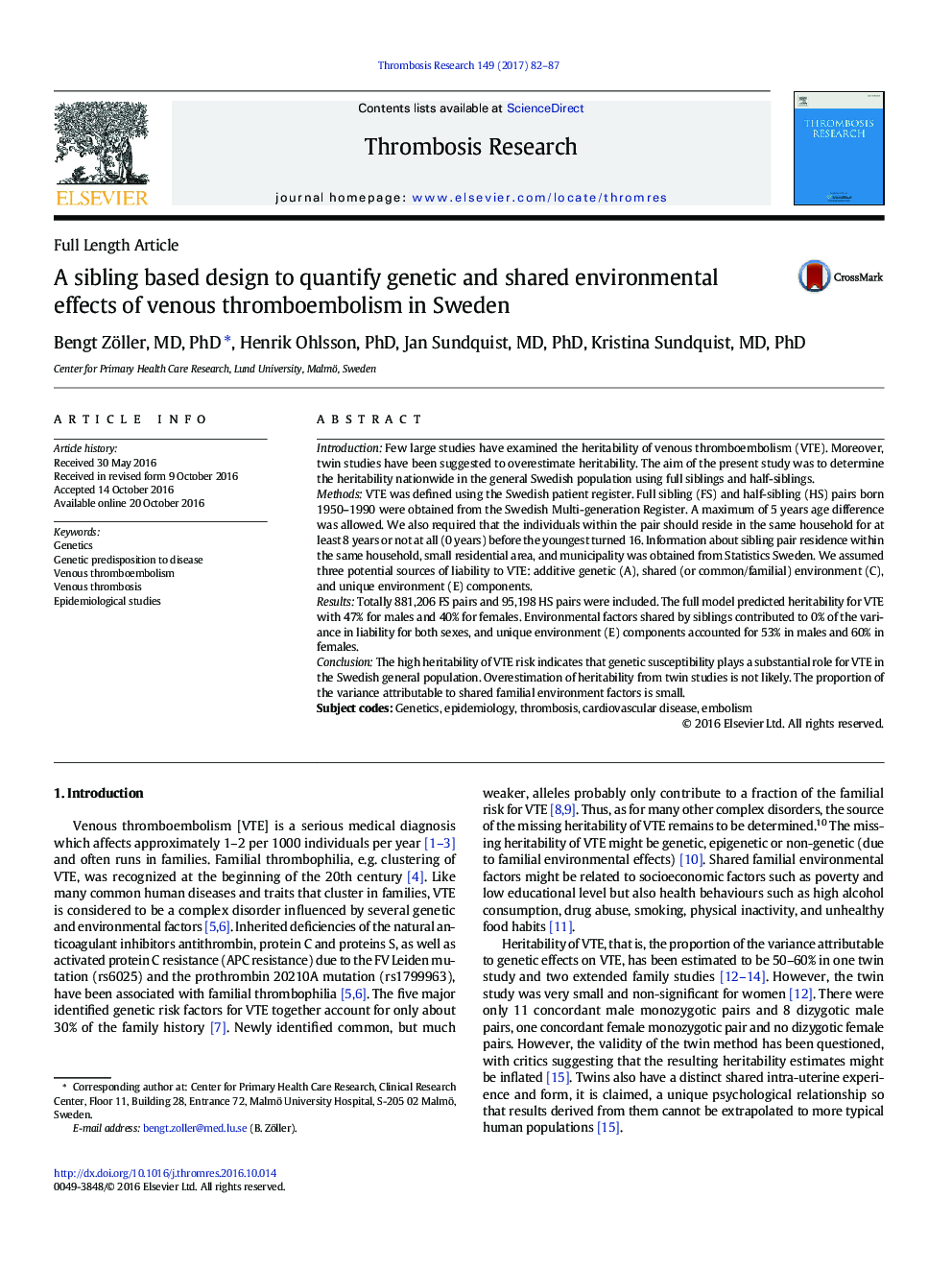 Full Length ArticleA sibling based design to quantify genetic and shared environmental effects of venous thromboembolism in Sweden