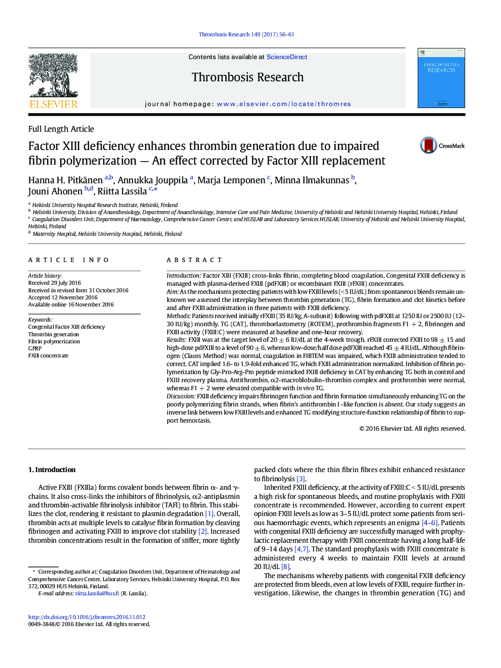 Factor XIII deficiency enhances thrombin generation due to impaired fibrin polymerization - An effect corrected by Factor XIII replacement