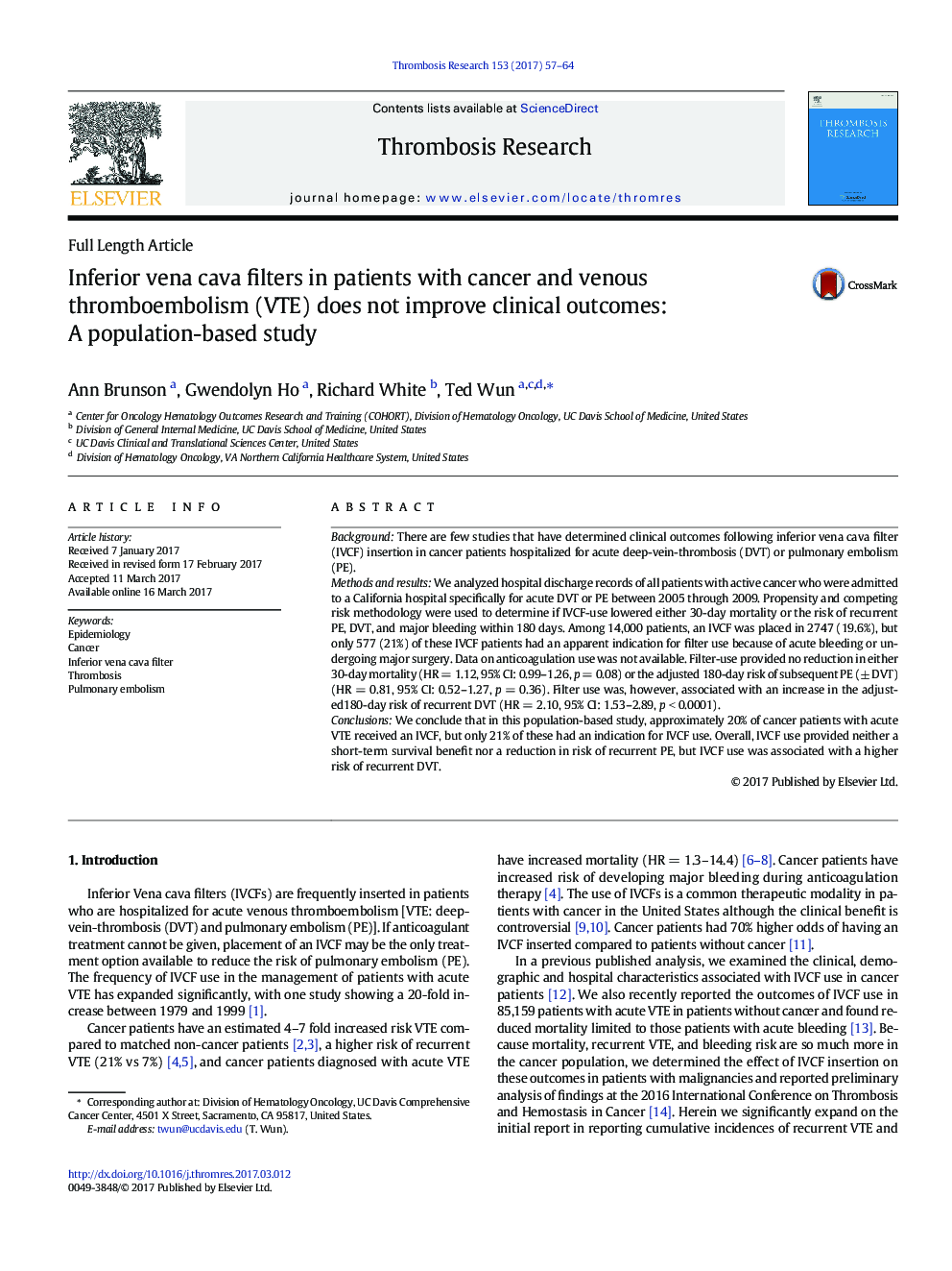 Inferior vena cava filters in patients with cancer and venous thromboembolism (VTE) does not improve clinical outcomes: A population-based study