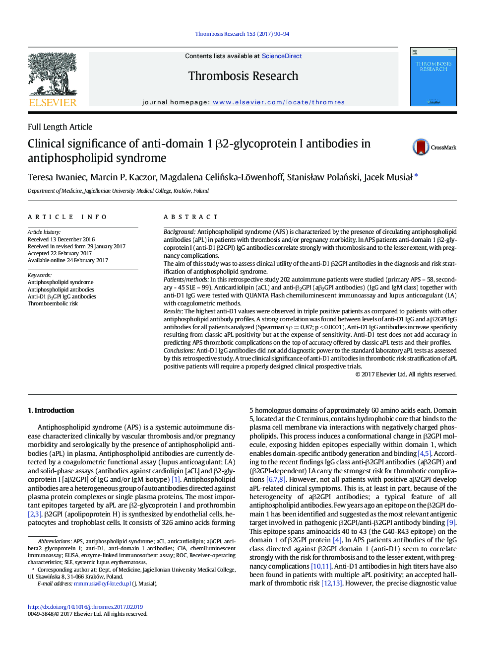 Full Length ArticleClinical significance of anti-domain 1 Î²2-glycoprotein I antibodies in antiphospholipid syndrome