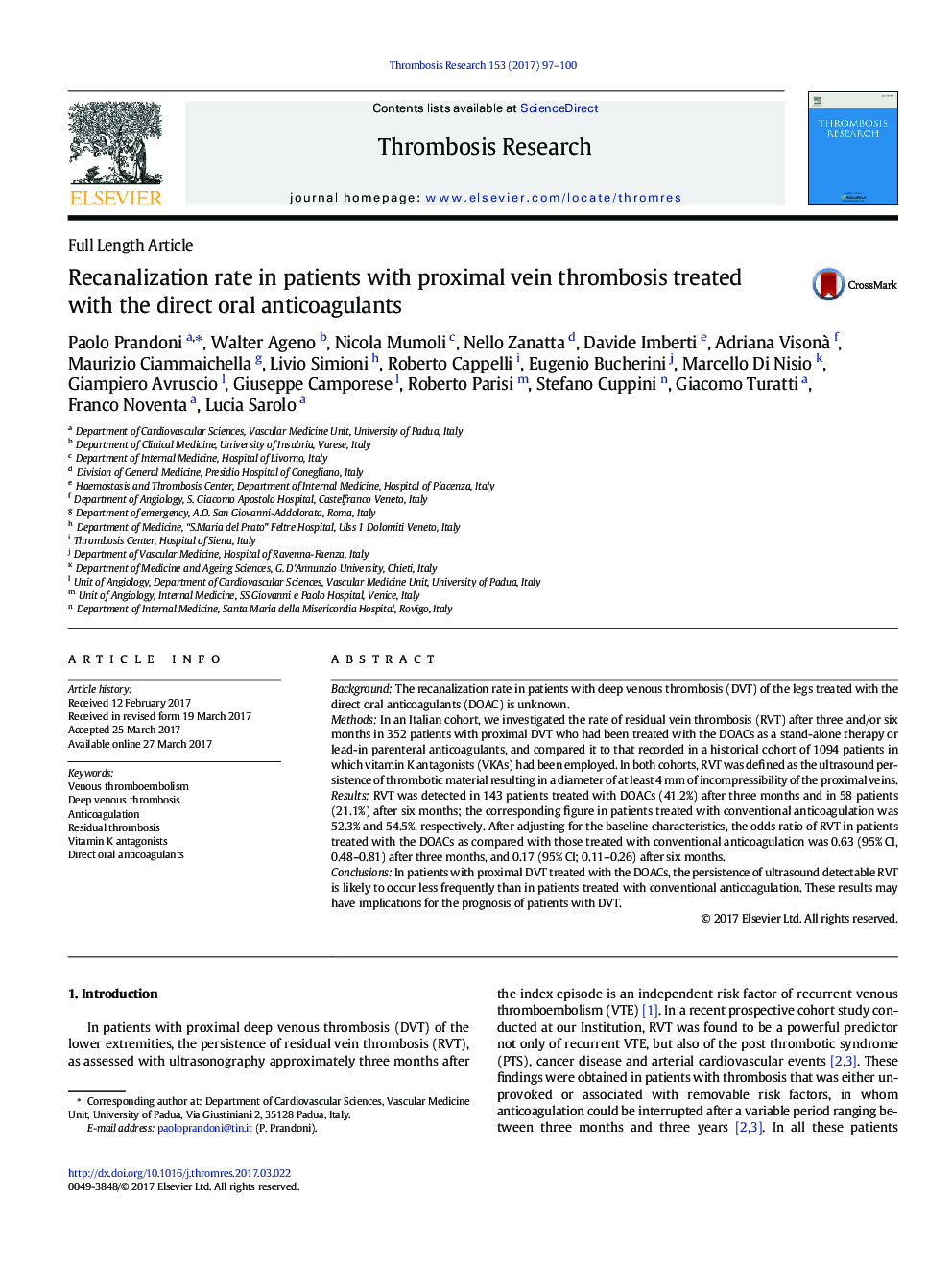 Full Length ArticleRecanalization rate in patients with proximal vein thrombosis treated with the direct oral anticoagulants