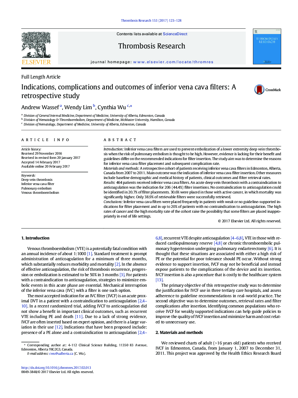 Full Length ArticleIndications, complications and outcomes of inferior vena cava filters: A retrospective study