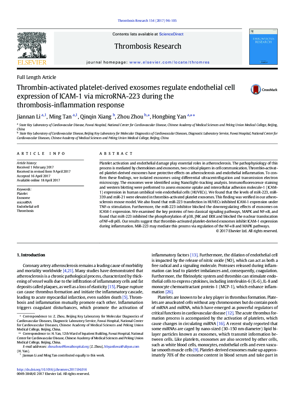 Thrombin-activated platelet-derived exosomes regulate endothelial cell expression of ICAM-1 via microRNA-223 during the thrombosis-inflammation response