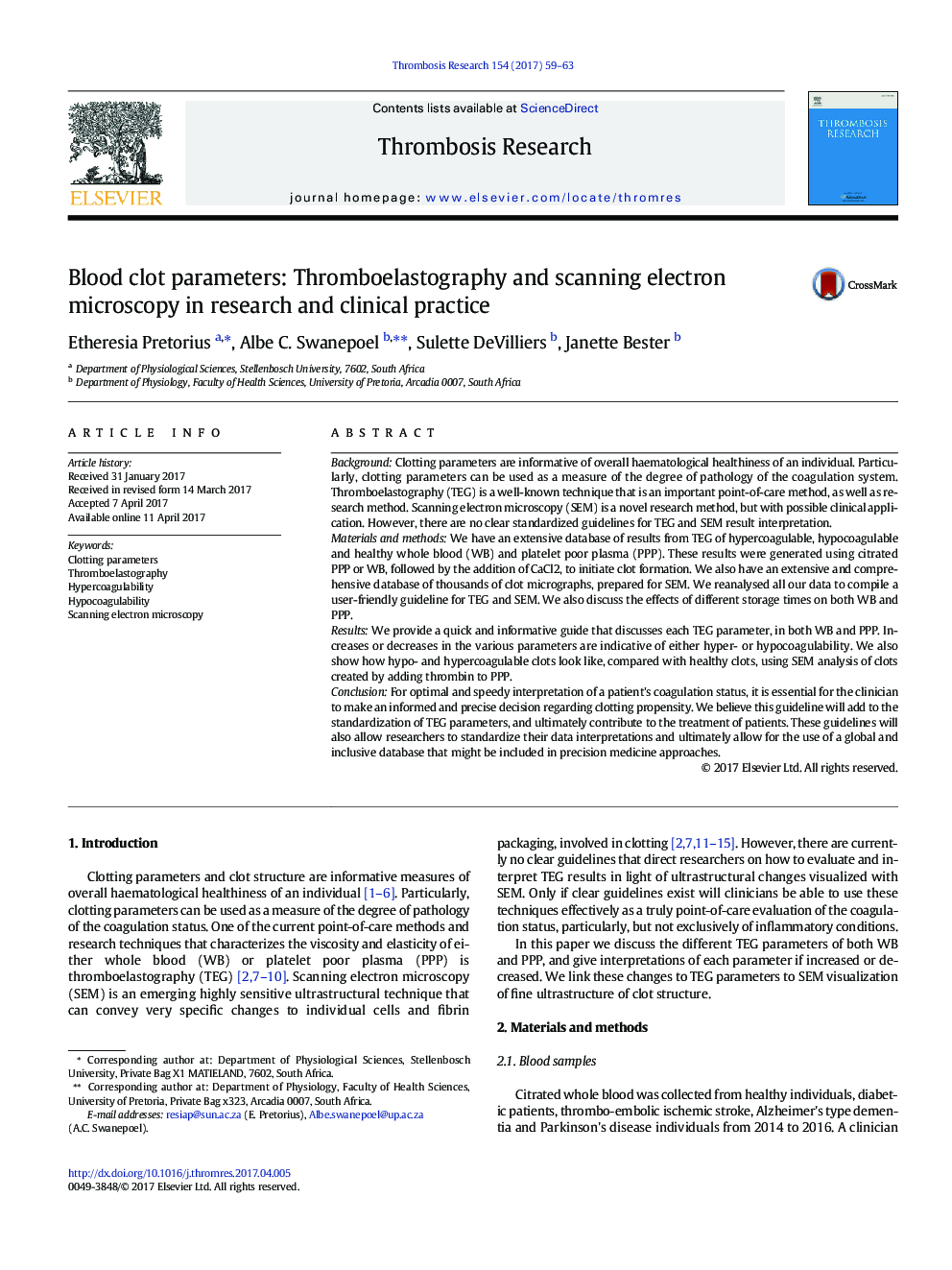 Blood clot parameters: Thromboelastography and scanning electron microscopy in research and clinical practice