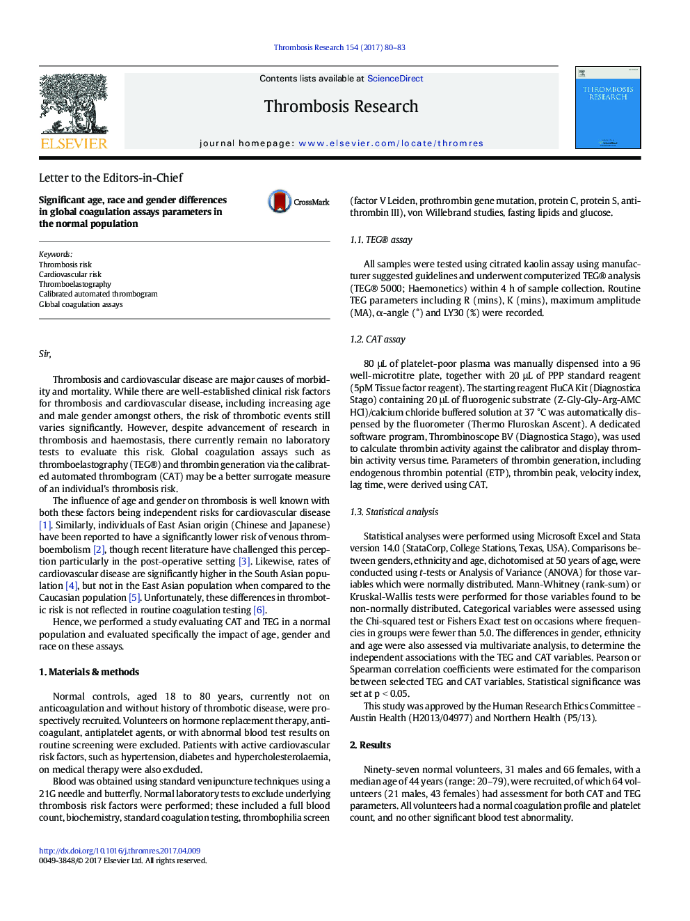 Significant age, race and gender differences in global coagulation assays parameters in the normal population