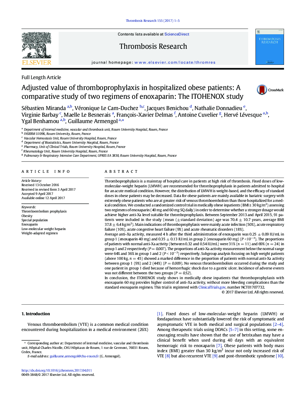 Adjusted value of thromboprophylaxis in hospitalized obese patients: A comparative study of two regimens of enoxaparin: The ITOHENOX study