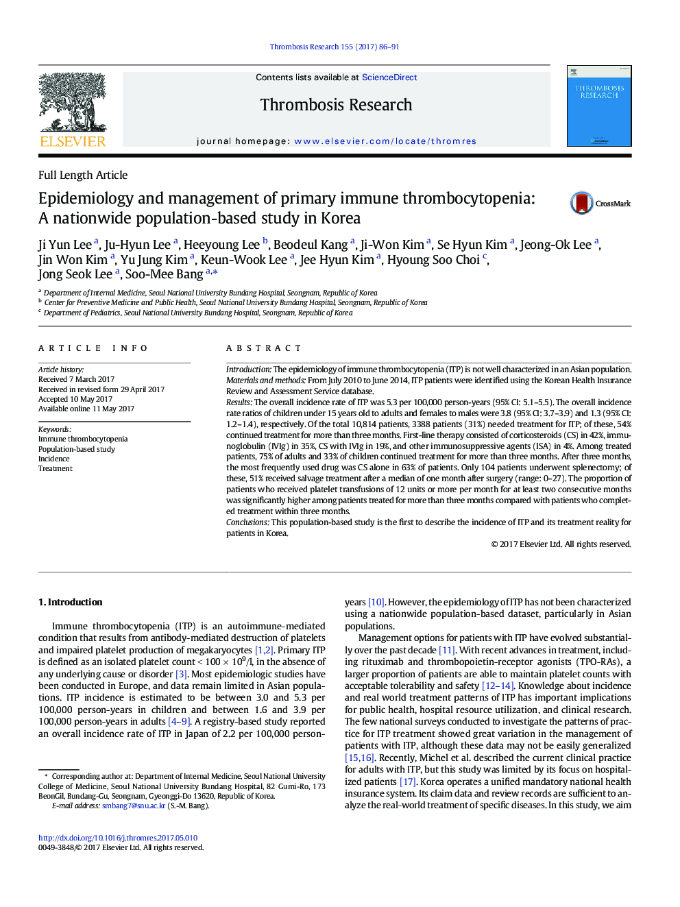 Full Length ArticleEpidemiology and management of primary immune thrombocytopenia: A nationwide population-based study in Korea