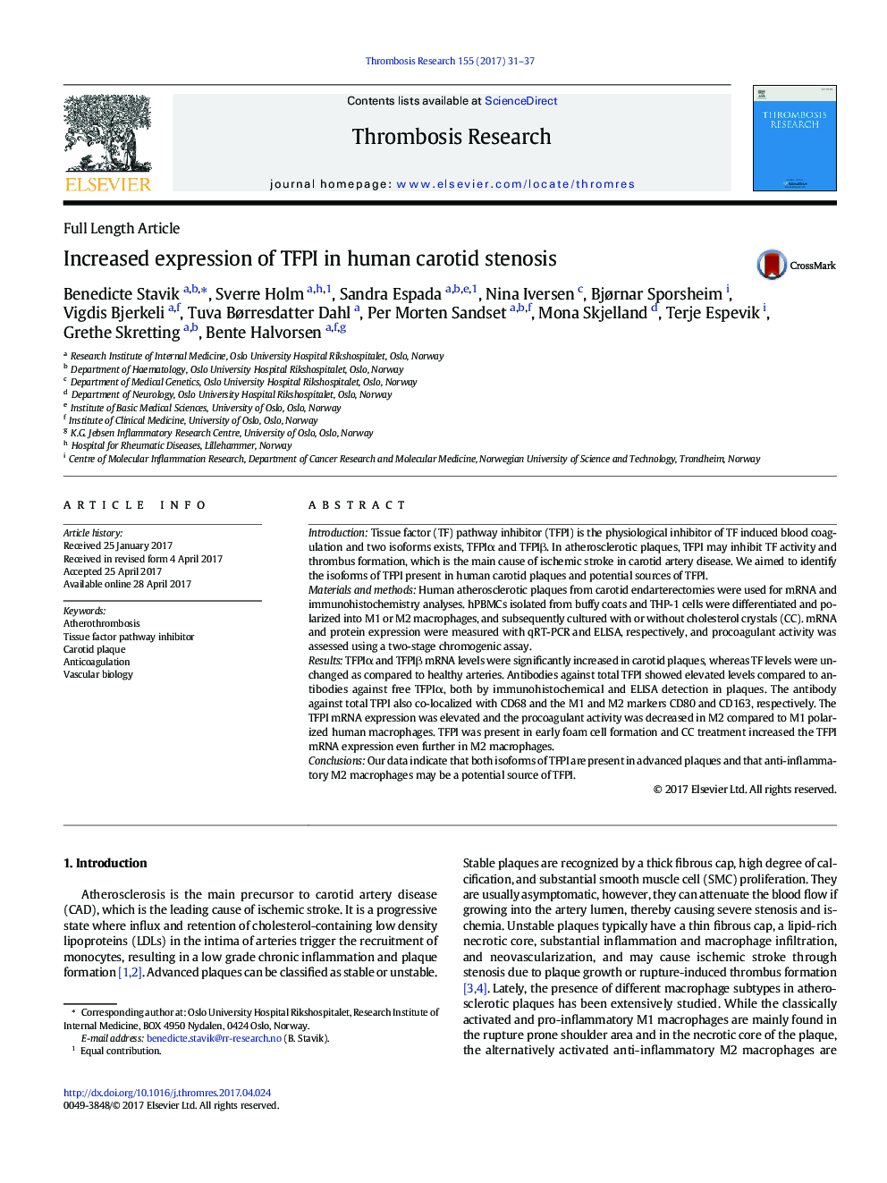 Full Length ArticleIncreased expression of TFPI in human carotid stenosis