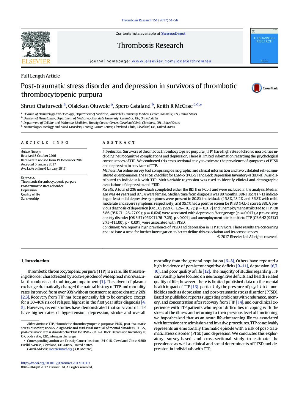 Full Length ArticlePost-traumatic stress disorder and depression in survivors of thrombotic thrombocytopenic purpura