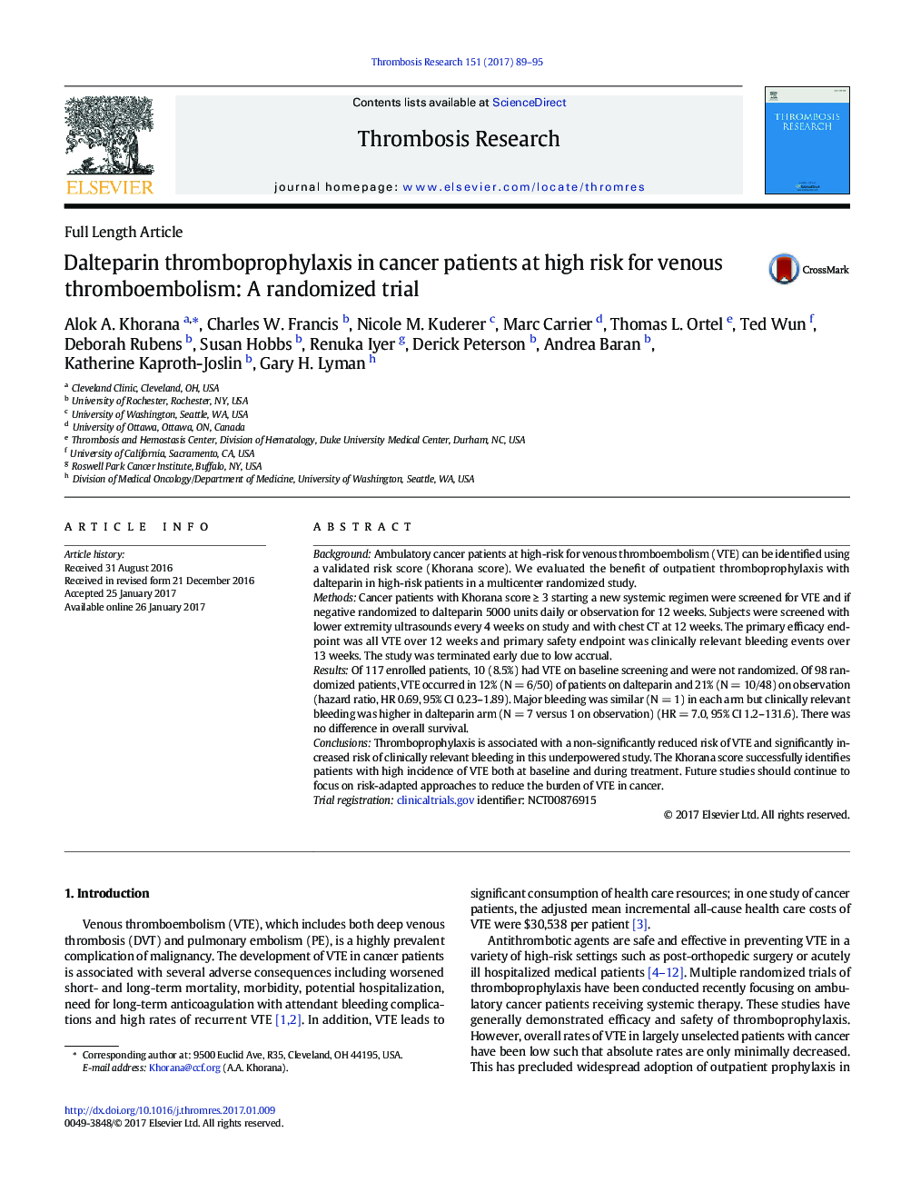 Full Length ArticleDalteparin thromboprophylaxis in cancer patients at high risk for venous thromboembolism: A randomized trial