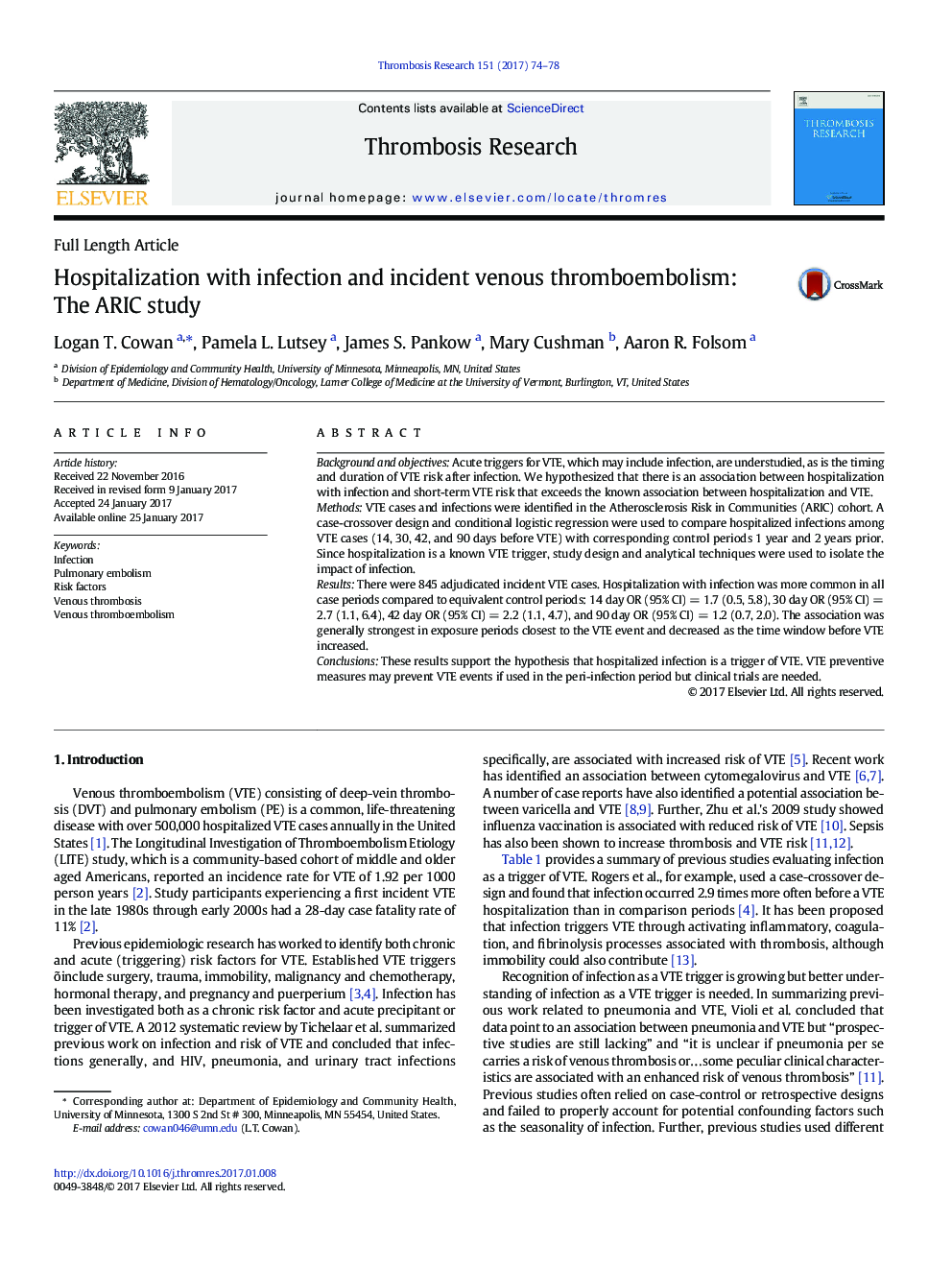 Full Length ArticleHospitalization with infection and incident venous thromboembolism: The ARIC study