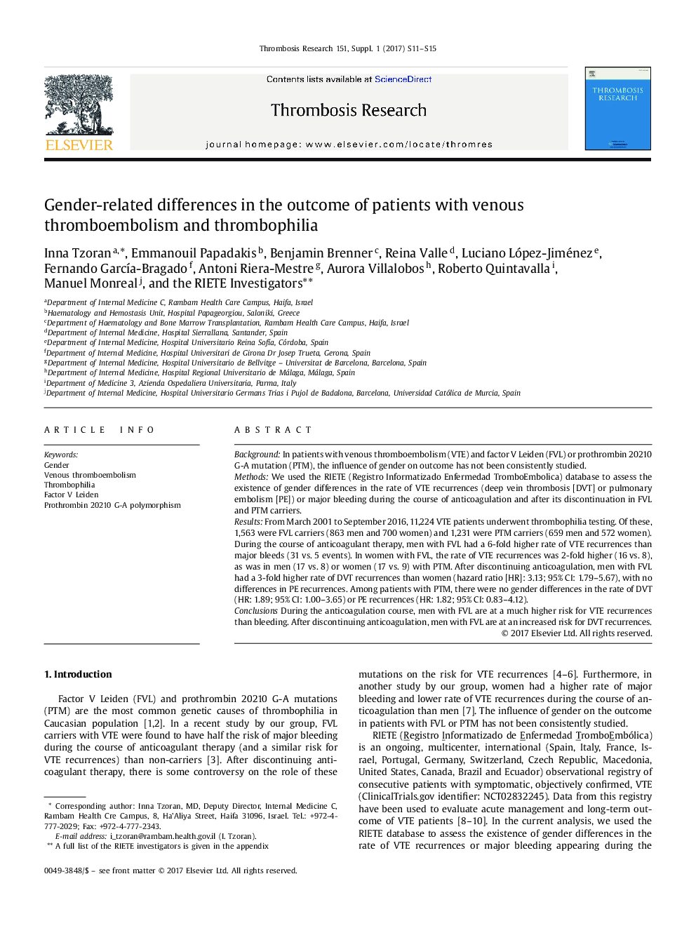 PAPERSGender-related differences in the outcome of patients with venous thromboembolism and thrombophilia