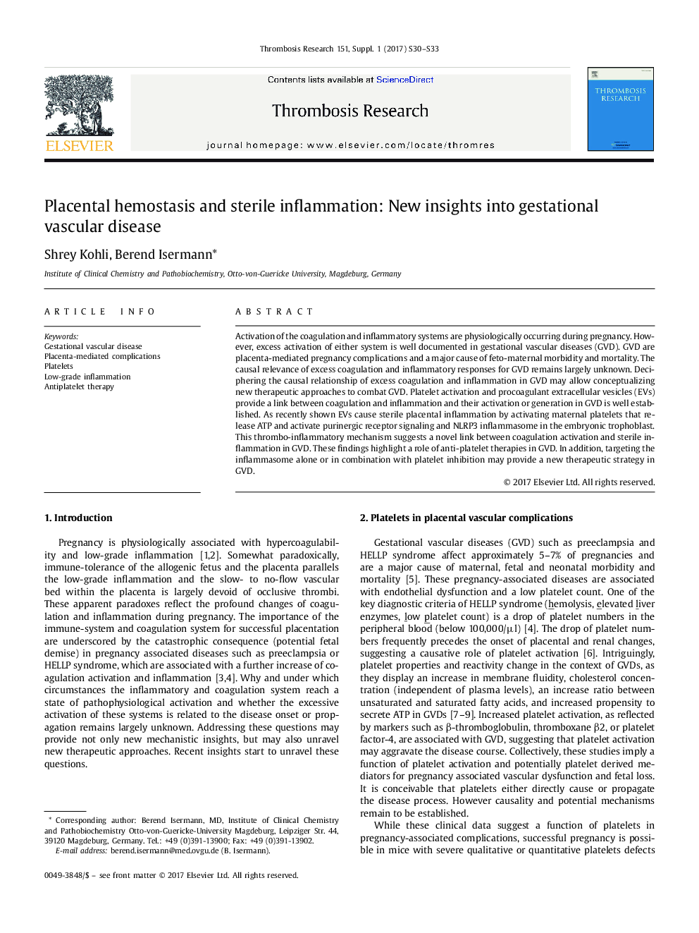 Placental hemostasis and sterile inflammation: New insights into gestational vascular disease