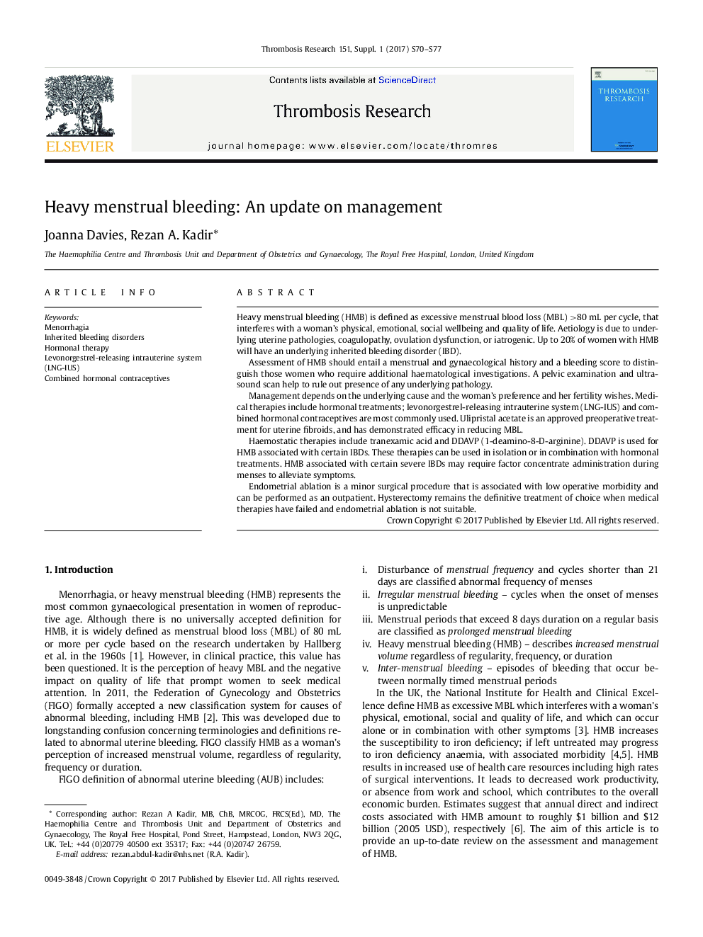 PAPERSHeavy menstrual bleeding: An update on management