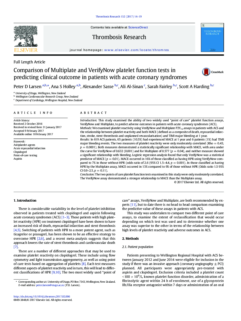 Full Length ArticleComparison of Multiplate and VerifyNow platelet function tests in predicting clinical outcome in patients with acute coronary syndromes