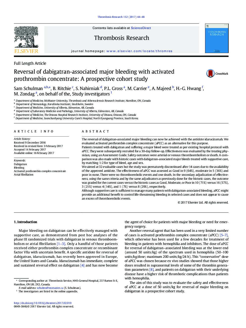 Full Length ArticleReversal of dabigatran-associated major bleeding with activated prothrombin concentrate: A prospective cohort study