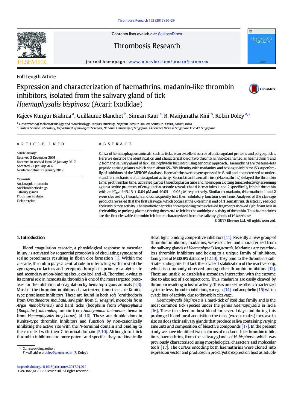 Expression and characterization of haemathrins, madanin-like thrombin inhibitors, isolated from the salivary gland of tick Haemaphysalis bispinosa (Acari: Ixodidae)