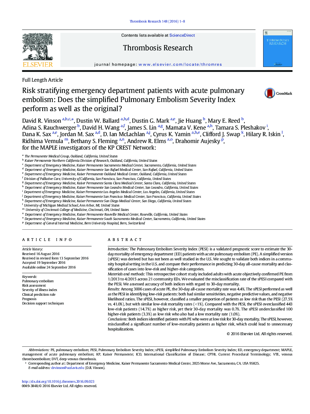 Full Length ArticleRisk stratifying emergency department patients with acute pulmonary embolism: Does the simplified Pulmonary Embolism Severity Index perform as well as the original?