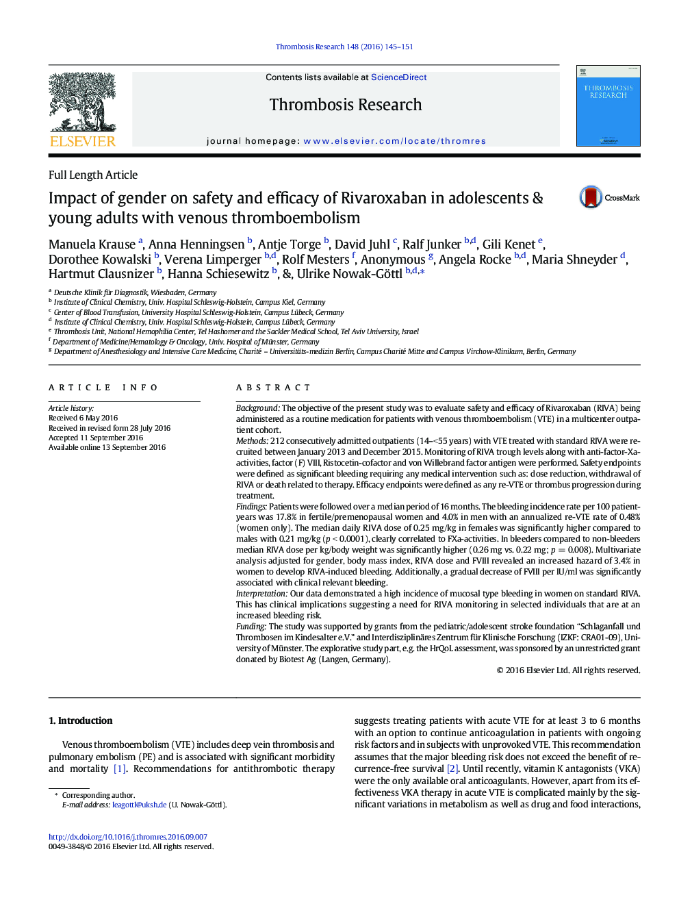 Full Length ArticleImpact of gender on safety and efficacy of Rivaroxaban in adolescents & young adults with venous thromboembolism