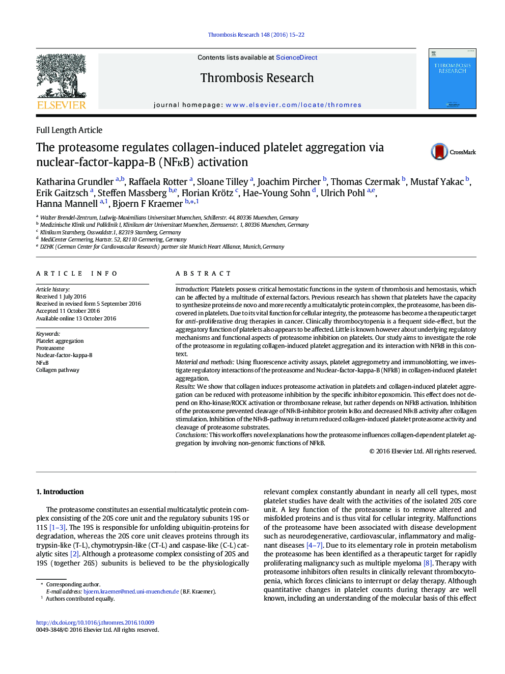 Full Length ArticleThe proteasome regulates collagen-induced platelet aggregation via nuclear-factor-kappa-B (NFÄ¸B) activation