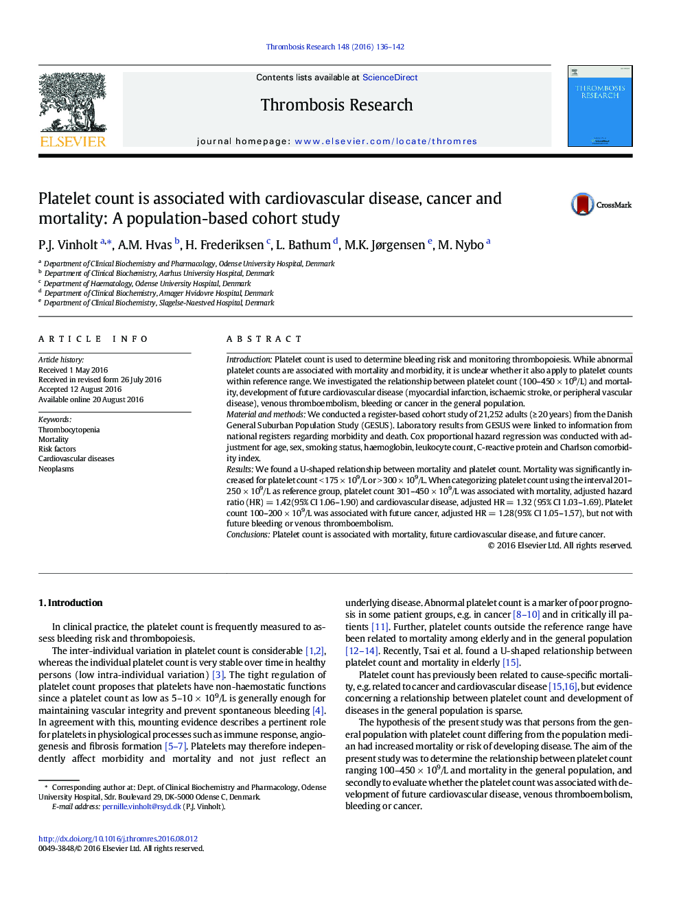 Platelet count is associated with cardiovascular disease, cancer and mortality: A population-based cohort study