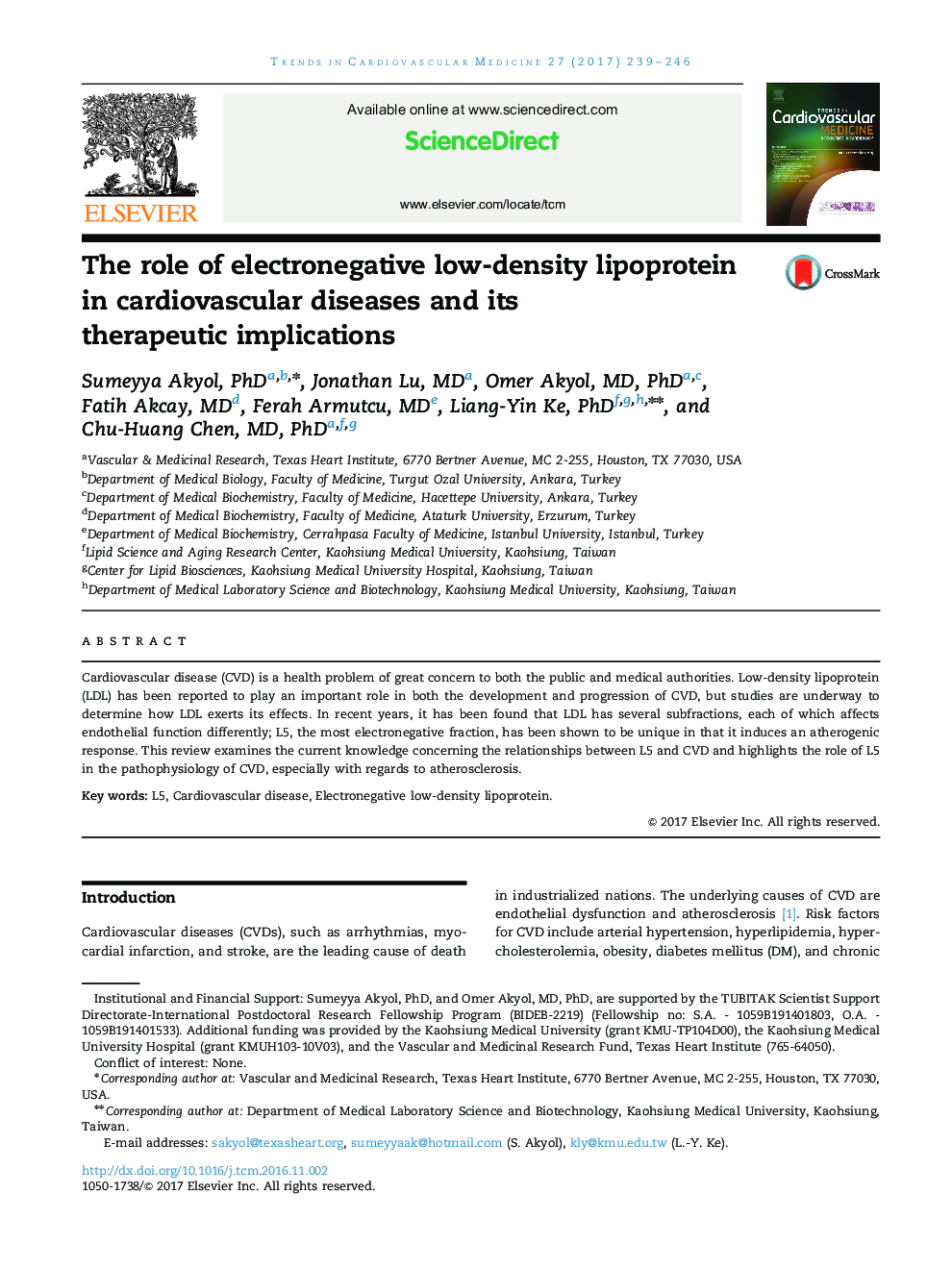 The role of electronegative low-density lipoprotein in cardiovascular diseases and its therapeutic implications