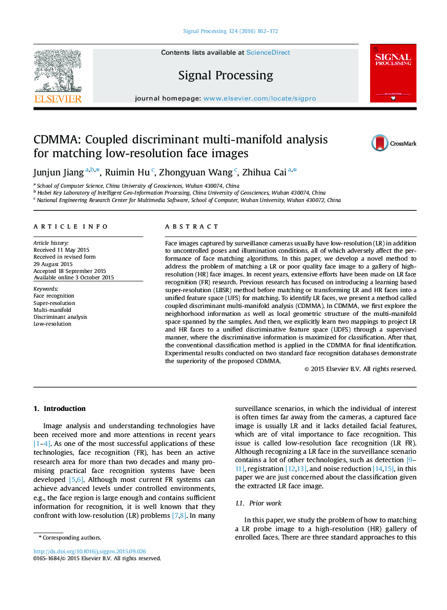 CDMMA: Coupled discriminant multi-manifold analysis for matching low-resolution face images