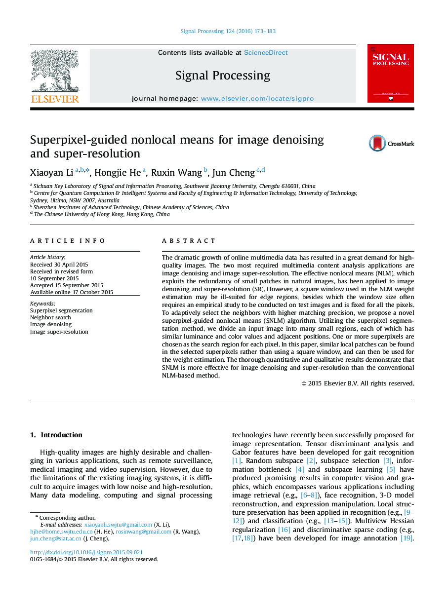 Superpixel-guided nonlocal means for image denoising and super-resolution