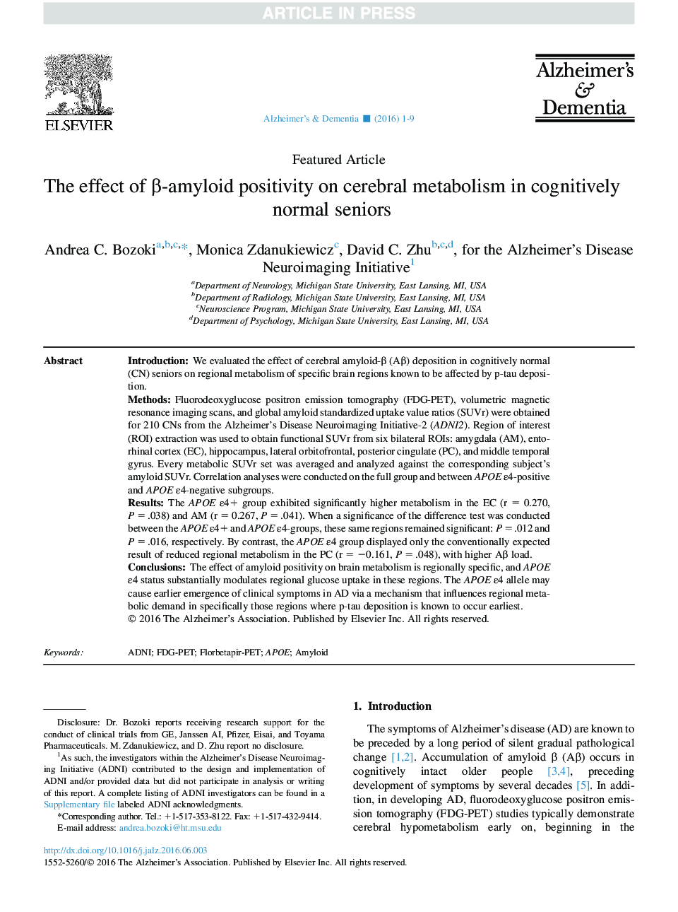 عکس صفحه اول مقاله: The effect of β-amyloid positivity on cerebral metabolism in cognitively normal seniors The effect of β-amyloid positivity on cerebral metabolism in cognitively normal seniors
