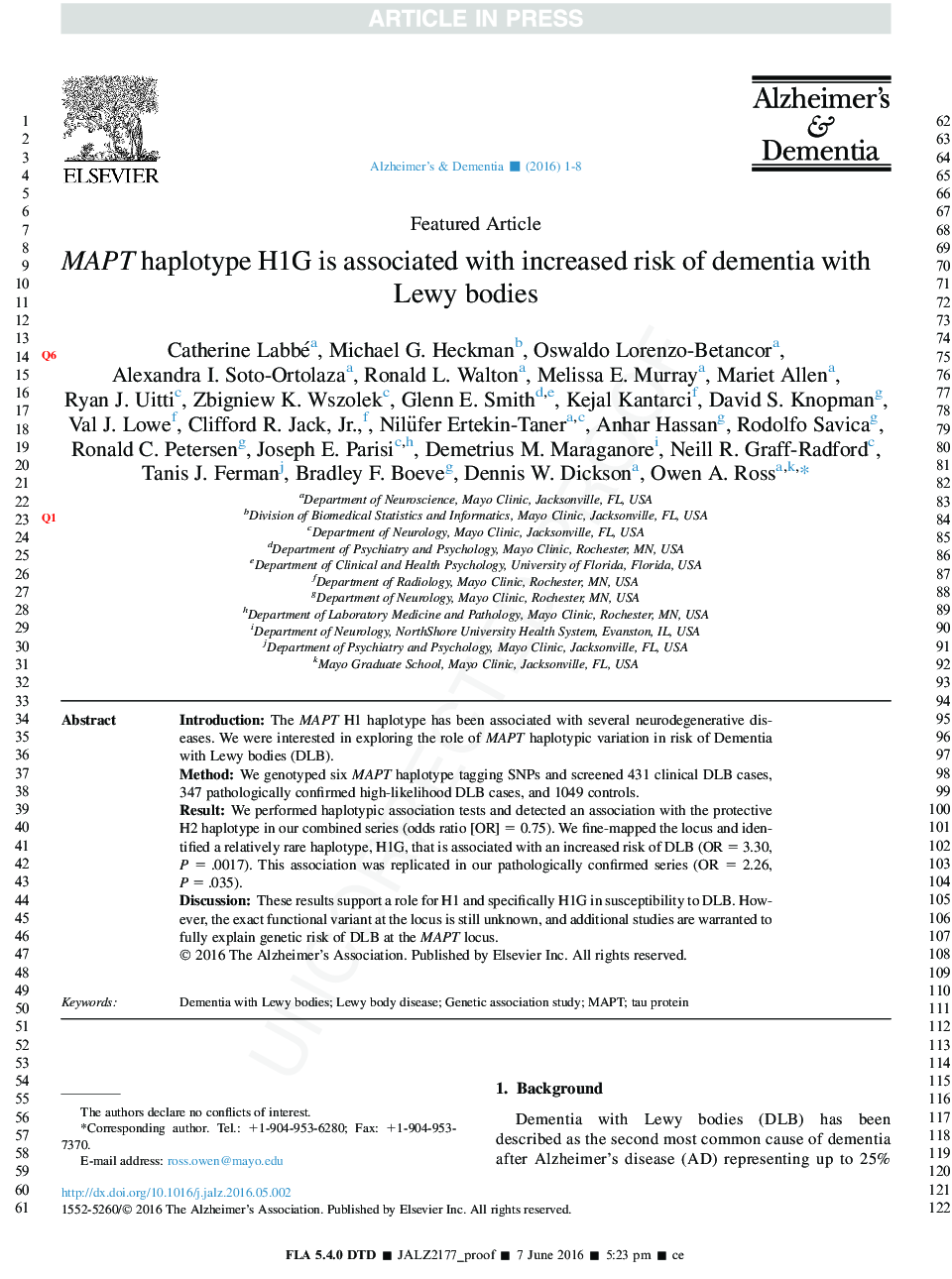 MAPT haplotype H1G is associated with increased risk of dementia with Lewy bodies
