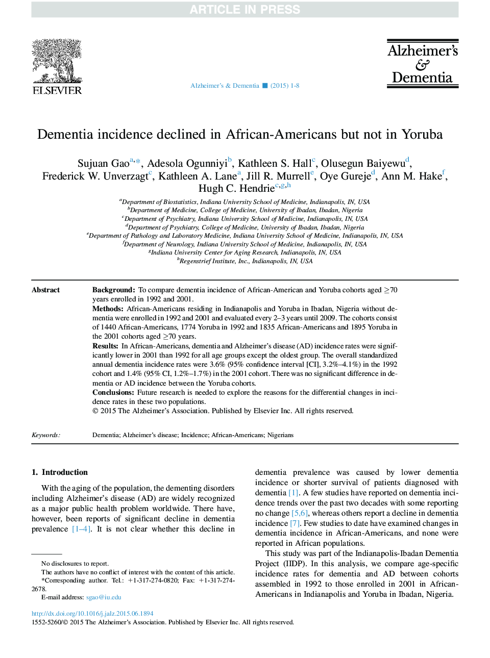 Dementia incidence declined in African-Americans but not in Yoruba