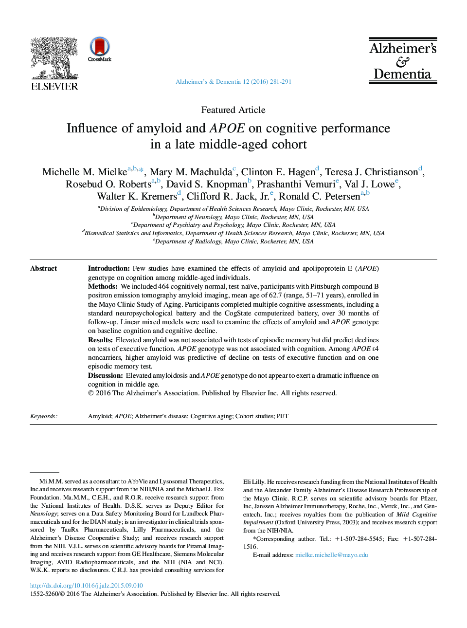 Featured ArticleInfluence of amyloid and APOE on cognitive performance in a late middle-aged cohort