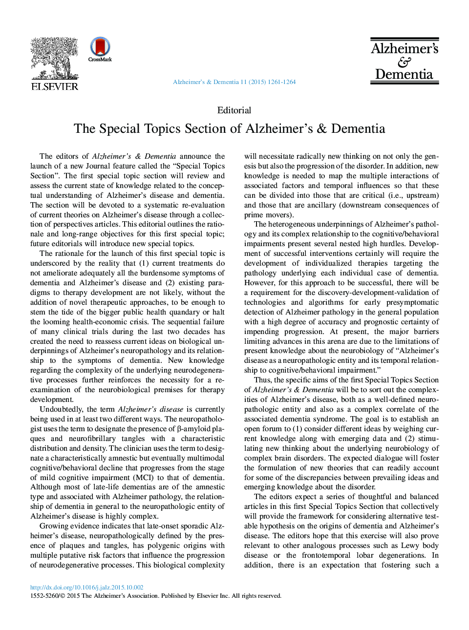 The Special Topics Section of Alzheimer's & Dementia